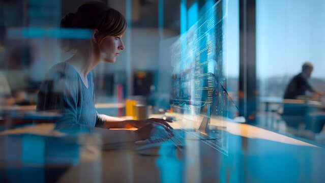 Focused female programmer working on computer screen with abstract digital code overlay reflection in modern corporate office. Cybersecurity, software engineering, and tech industry.