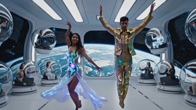 Couple running in futuristic spaceship with passengers watching Earth