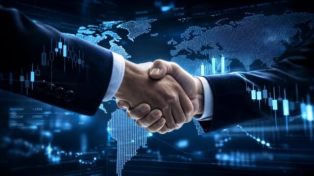 Global Business Partnership: Two businessmen in suits shake hands, symbolizing a successful international deal with a world map and financial charts in the background.