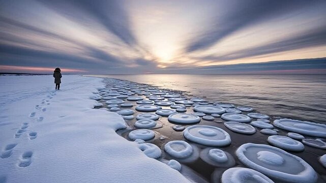 Lone woman walking on snowy beach with pancake ice formations at sunset, winter landscape photography representing solitude, climate change, and nature exploration