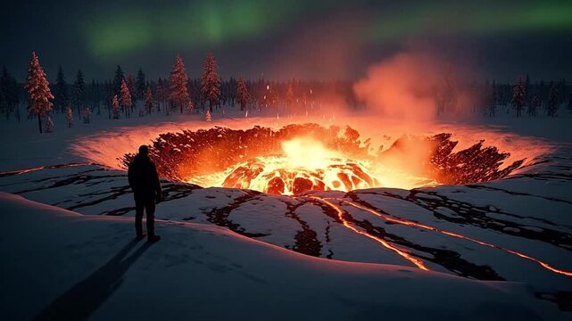 Lone male observer standing before a glowing volcanic lava crater in a snowy arctic landscape under northern lights, representing climate change and nature power