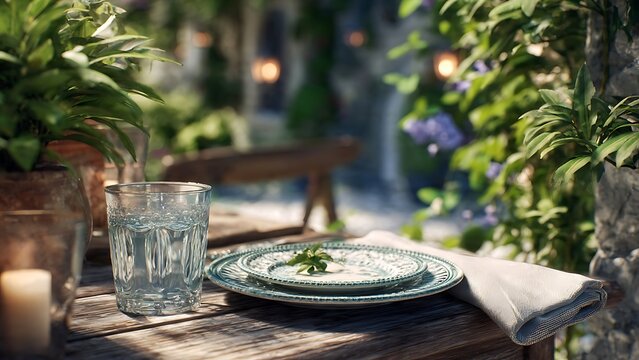 Elegant ceramic plates and a glass of refreshing water on a rustic wooden table setup for outdoor dining in a lush Mediterranean garden patio with beautiful soft bokeh background lighting.