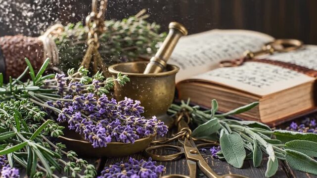 Herbs, lavender, mortar, old book