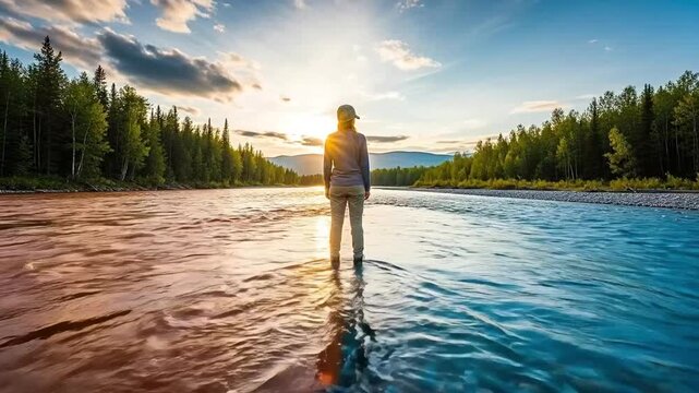 Person standing in river with split water colors representing duality and balance, conceptual photography of nature harmony, young woman in wilderness at sunset