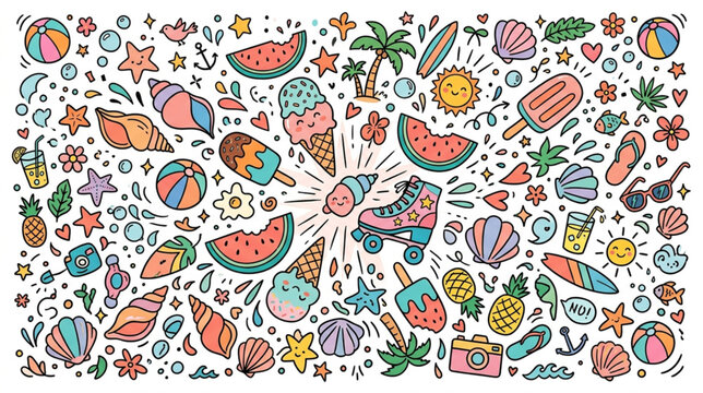 Summer icons, colorful illustrations, beach symbols, food and drink elements, fun design elements