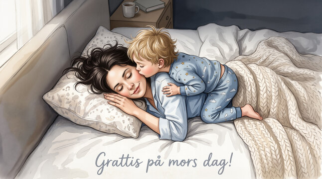 &ldquo;Grattis p&aring; mors dag&rdquo; Swedish Mother&rsquo;s Day greeting with sleepy mother and child cuddling in bed, tender morning moment