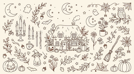 Whimsical Halloween Doodle Collection Featuring a Cozy Cottage, Pumpkins, Ghosts, and Autumn Elements. © Bara