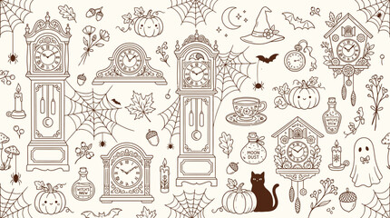 Whimsical Halloween Pattern with Clocks, Pumpkins, and Spiders. © Bara
