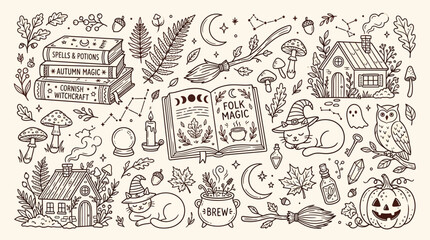 Whimsical Hand-Drawn Witchcraft and Magic Elements Collection. © Bara