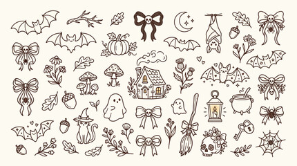 Cute Halloween Doodle Elements Collection Featuring Bats, Ghosts, Pumpkins, and Witchy Icons. © Bara