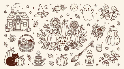 Cute Hand-Drawn Autumn and Halloween Elements Collection. © Bara