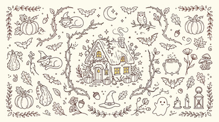 Whimsical Halloween illustration with a cozy cottage, pumpkins, bats, and a sleeping cat. © Bara