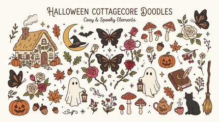 Halloween Cottagecore Doodles: Cozy and Spooky Elements for Autumnal Designs. © Bara
