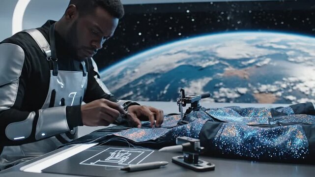 Man designing starry fabric aboard spaceship orbiting Earth