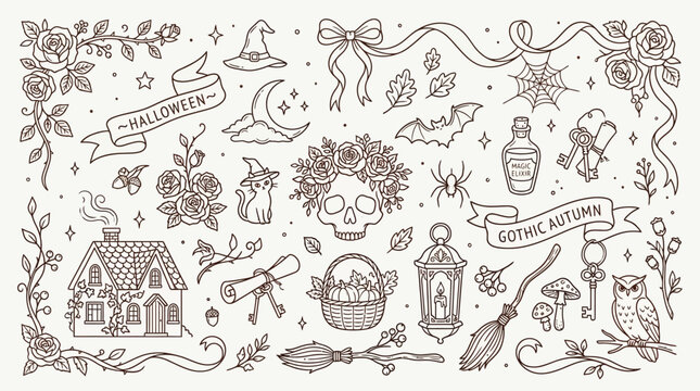 Collection of Hand-Drawn Halloween and Autumn Elements with Gothic and Mystical Motifs.