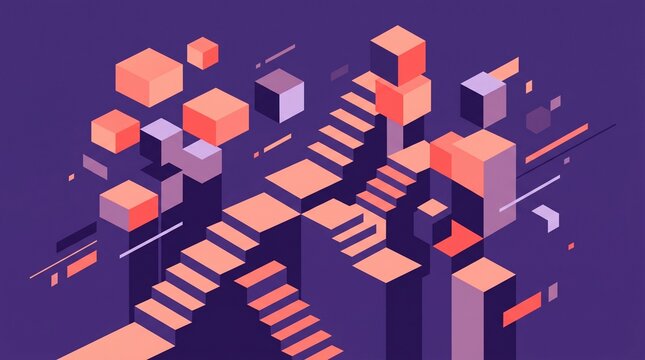 Abstract isometric cubes and stairs in purple and orange geometric design