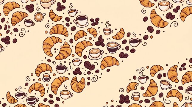 Seamless pattern of croissants and coffee cups with beans in a doodle style