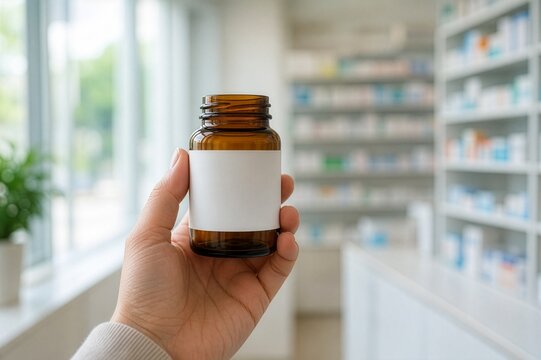 Hand Holding Amber Medicine Bottle With Blank Label in Modern Pharmacy Interior &ndash; Pharmaceutical Product Mockup and Healthcare Concept