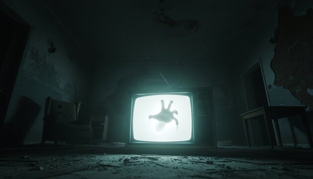 Abandoned room, old TV with glowing screen displaying eerie hand, dark and mysterious atmosphere, symbolizing technology takeover, isolation, and fear