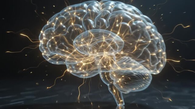 Transparent brain with glowing neural connections highlighting artificial intelligence and digital evolution