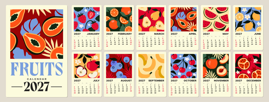 A colorful 2027 fruit calendar showing various fruits in bold graphic style on a soft neutral background, representing freshness and seasonal themes. Vector illustration