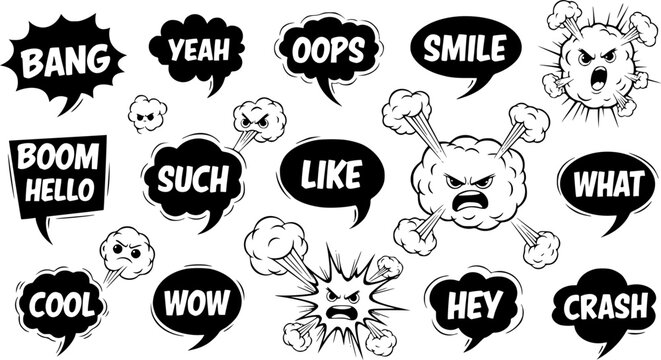 comic speech bubbles set on white background. Expression text, Bang, Yeah, Oops, Boom, Hello, Smile, Ouch, Like, What, Cool, Wow, Hey, Crash, Vector cartoon explosions with different emotion 