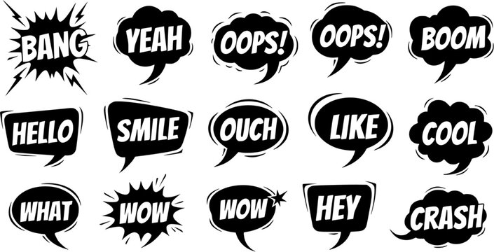 comic speech bubbles set on white background. Expression text, Bang, Yeah, Oops, Boom, Hello, Smile, Ouch, Like, What, Cool, Wow, Hey, Crash, Vector cartoon explosions with different emotion 