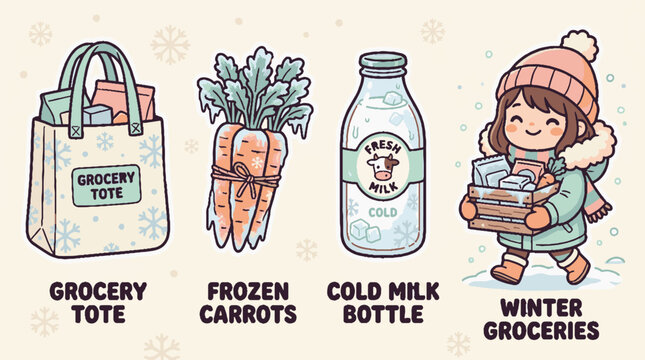 Winter grocery shopping vector illustration set featuring a tote bag frozen carrots a bottle of cold milk and a girl carrying a wooden crate