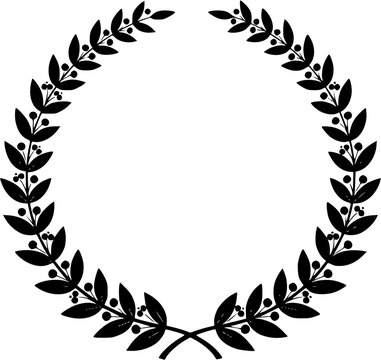 Set black silhouette circular laurel foliate isolated on white background, depicting an award, achievement, heraldry, nobility, Emblem floral greek branch flat style