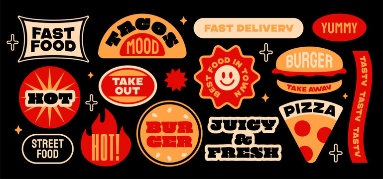 Colorful fast food label stickers shown on dark background, presenting concept of street snacks and quick meals. Vector illustrations set