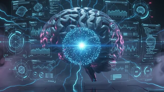 Digital brain with futuristic interface emphasizing network speed and cloud computing