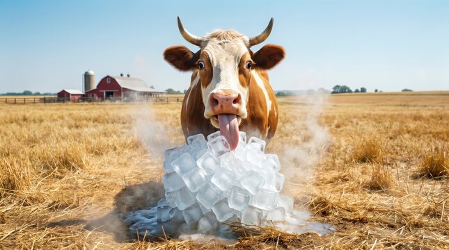  Funny cow sticking its tongue out to lick a pile of steaming ice cubes, concept of summer heatwave, drought, and climate change in agriculture.