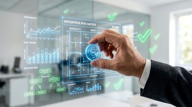 Businessman interacting with virtual enterprise risk matrix on transparent screen in modern office