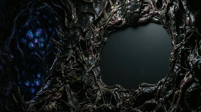 Dark organic abstract form with central void and alien textures