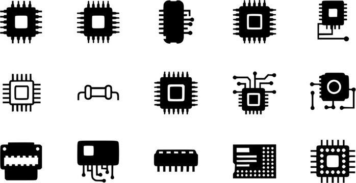 Computer Chips and Electronic Circuit icons, isolated on white background