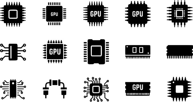 Computer Chips and Electronic Circuit icons, isolated on white background