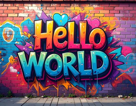 Colorful Graffiti Hello World Text Painted on Urban Brick Wall