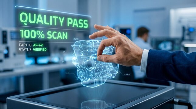 A futuristic hand interacting with a 3d holographic engine model on a digital screen in a quality control laboratory setting with a quality pass message