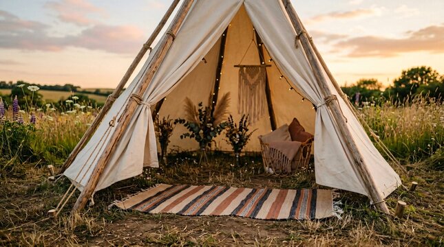 Boho teepee glamping tent at sunset in a wildflower field