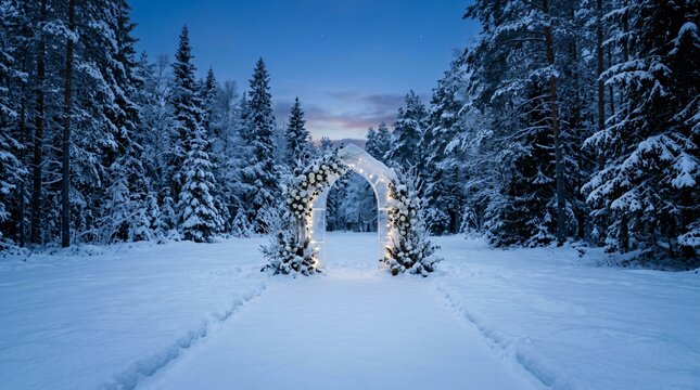 Winter wedding arch decorated with flowers and lights in a snowy forest