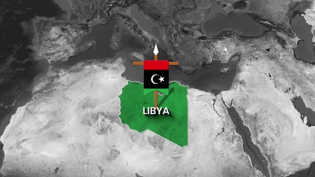 animated motion graphic clip of Libya map with flag and compass animation