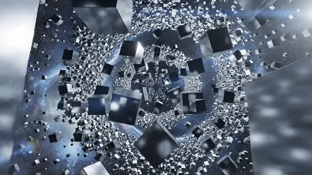 Abstract 3D Cubes Exploding and Collapsing in Digital Space.