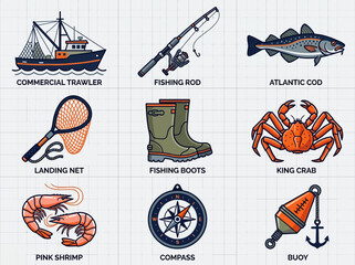 Commercial Fishing and Maritime Icon Set with Boat, Rod, Cod Fish, King Crab, Shrimp, and Nautical Equipment © Lala