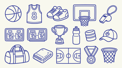 Collection of hand-drawn basketball icons and equipment on a light background, representing the sport and its accessories. © zainab