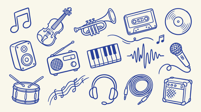 Collection of hand-drawn musical instruments and audio equipment icons on a light background.