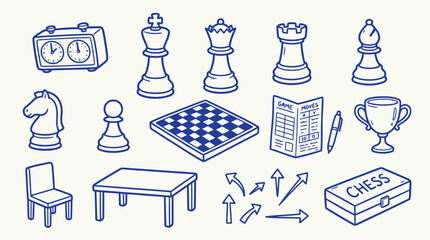 Collection of hand-drawn chess elements including pieces, board, clock, trophy, and table. © zainab