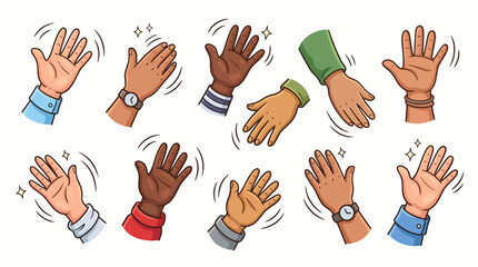 Fototapeta premium Cartoon Waving Hands Set With Diverse Skin Tones, Greeting Gesture, Isolated White Background Illustration