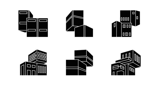 Collection of six distinct shipping container silhouettes for logistics and transport.