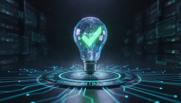 Glowing light bulb with green checkmark, circuit board background, neon blue lines and dots, symbolizing innovation, technology, and success
