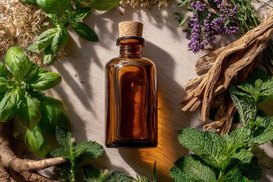 Amber glass apothecary bottle surrounded by fresh mint basil and dried roots on stone for herbal medicine and aromatherapy marketing
